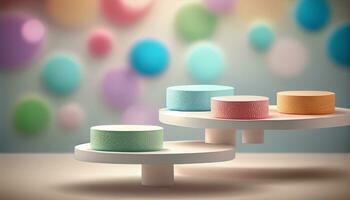 Generative AI, Product Display Stand on Soft Pastel Bokeh Background for Presenting and Showcasing Any Product with Style and Elegance photo
