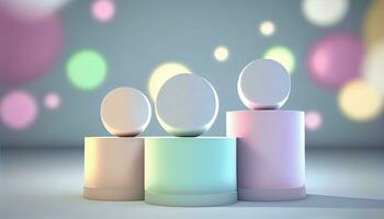 Generative AI, Product Display Stand on Soft Pastel Bokeh Background for Presenting and Showcasing Any Product with Style and Elegance photo