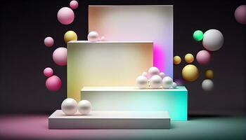 Generative AI, Product Display Stand on Soft Pastel Bokeh Background for Presenting and Showcasing Any Product with Style and Elegance photo