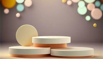 Generative AI, Product Display Stand on Soft Pastel Bokeh Background for Presenting and Showcasing Any Product with Style and Elegance photo