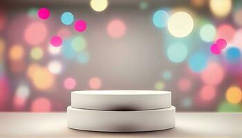 Generative AI, Product Display Stand on Soft Pastel Bokeh Background for Presenting and Showcasing Any Product with Style and Elegance photo