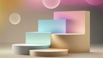 Generative AI, Product Display Stand on Soft Pastel Bokeh Background for Presenting and Showcasing Any Product with Style and Elegance photo