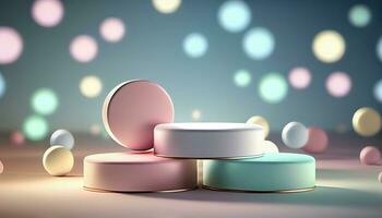Generative AI, Product Display Stand on Soft Pastel Bokeh Background for Presenting and Showcasing Any Product with Style and Elegance photo