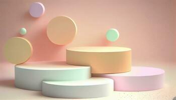 Generative AI, Product Display Stand on Soft Pastel Bokeh Background for Presenting and Showcasing Any Product with Style and Elegance photo