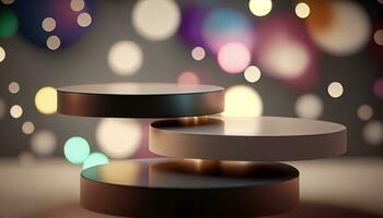 Generative AI, Product Display Stand on Soft Pastel Bokeh Background for Presenting and Showcasing Any Product with Style and Elegance photo