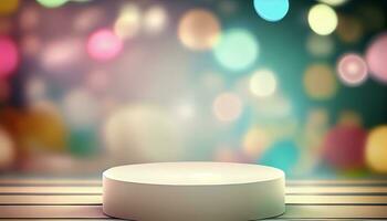 Generative AI, Product Display Stand on Soft Pastel Bokeh Background for Presenting and Showcasing Any Product with Style and Elegance photo