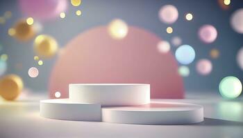 Generative AI, Product Display Stand on Soft Pastel Bokeh Background for Presenting and Showcasing Any Product with Style and Elegance photo