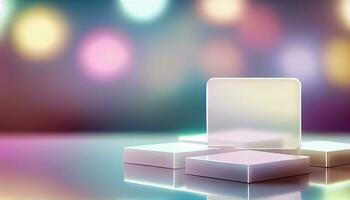 Generative AI, Product Display Stand on Soft Pastel Bokeh Background for Presenting and Showcasing Any Product with Style and Elegance photo