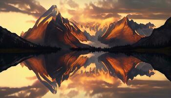 generativo ai, reflexiones a puesta de sol un montaña lago espejismo foto