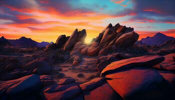 Generative AI, Layers of Light A Vibrant Mountain Range at Sunset photo