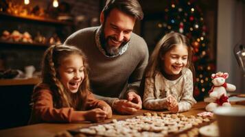 Happy parents and kids smiling while decorating cookies with sprinkles photo