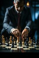 A photograph featuring a businessman strategically moving a chess piece on a board game photo