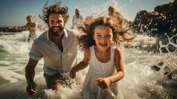 Joyful family running and jumping in the sea foam photo