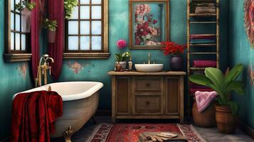 Generative AI, Boho Bliss A Vibrant and Relaxing Bathroom Design photo