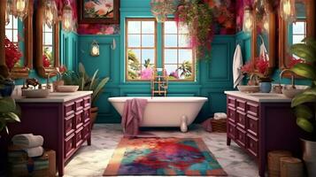 generativo ai, boho felicidad un vibrante y relajante baño diseño foto