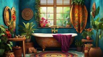 Generative AI, Boho Bliss A Vibrant and Relaxing Bathroom Design photo