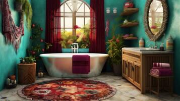 Generative AI, Boho Bliss A Vibrant and Relaxing Bathroom Design photo