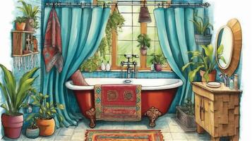 Generative AI, Boho Bliss A Vibrant and Relaxing Bathroom Design photo