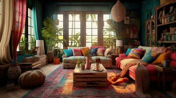 Generative AI, Bohemian Oasis A Colorful and Eclectic Living Room photo