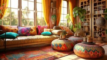 Generative AI, Bohemian Oasis A Colorful and Eclectic Living Room photo