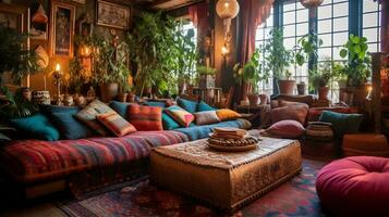 Generative AI, Bohemian Oasis A Colorful and Eclectic Living Room photo