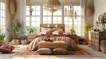 Generative AI, Bohemian Dream A Colorful and Eclectic Bedroom Design photo