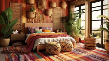 Generative AI, Bohemian Dream A Colorful and Eclectic Bedroom Design photo