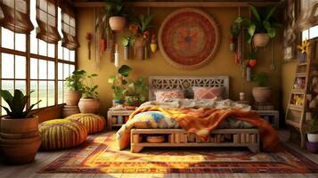 Generative AI, Bohemian Dream A Colorful and Eclectic Bedroom Design photo