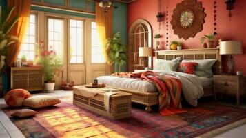 Generative AI, Bohemian Dream A Colorful and Eclectic Bedroom Design photo