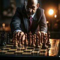 A photograph featuring a businessman strategically moving a chess piece on a board game photo