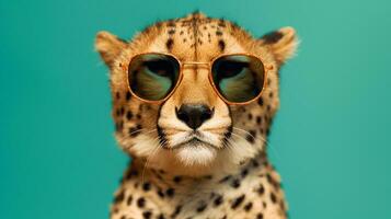 generativo ai, pulcro leopardo en Gafas de sol un elegante encuentro foto