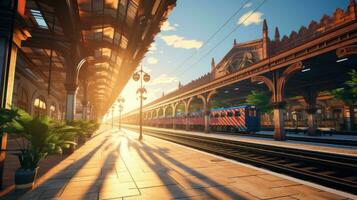 tren estación bullicioso histórico y un cubo para viaje foto