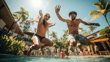 A group of friends jumping into the pool, captured in mid-air photo