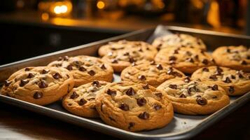 delicioso chocolate chip galletas Fresco desde el horno en un bandeja foto