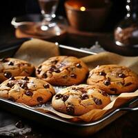 delicioso chocolate chip galletas Fresco desde el horno en un bandeja foto