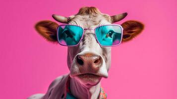generativo ai, frio vaca de moda bovino en elegante sombras foto