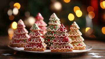 Colorful sugar cookies shaped like Christmas trees and reindeer photo