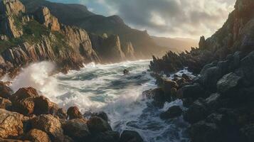 Generative AI, Dramatic Coastlines rugged and coastlines with crashing waves and cliffs photo