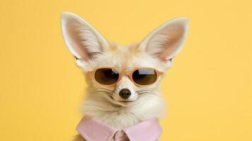 generativo ai, frio fennec elegante Gafas de sol en pastel patio de recreo foto