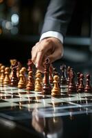 A photograph featuring a businessman strategically moving a chess piece on a board game photo