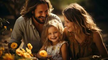 Cheerful family enjoying a picnic on the sandy shore photo