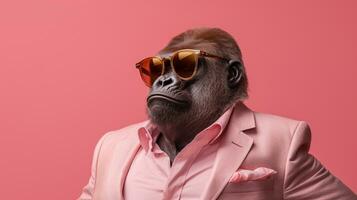 generativo ai, frio gorila elegante Gafas de sol en un pastel paraíso foto