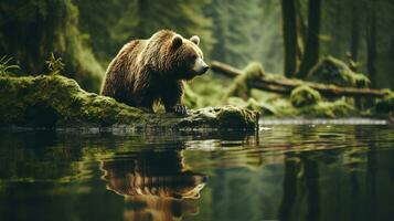 majestuoso oso pardo oso itinerancia en el encantador bosque, ai generativo foto