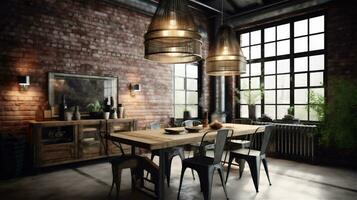 Generative AI, Rustic Industrial Dining Room with Vintage Flair photo