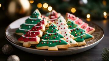 Colorful sugar cookies shaped like Christmas trees and reindeer photo