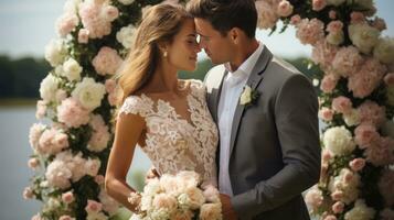 Happy newlyweds kissing under a beautiful floral arch photo