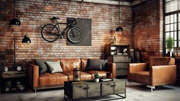 Generative AI, Industrial Living Room Exposed Brick, Concrete, and Metal Accents photo