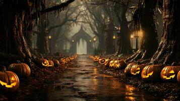 Jack-o'-lanterns en un escalofriante bosque, generativo ai foto