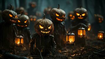 Jack-o'-lanterns en un escalofriante bosque, generativo ai foto