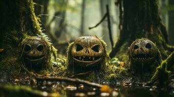 Jack-o'-lanterns en un escalofriante bosque, generativo ai foto